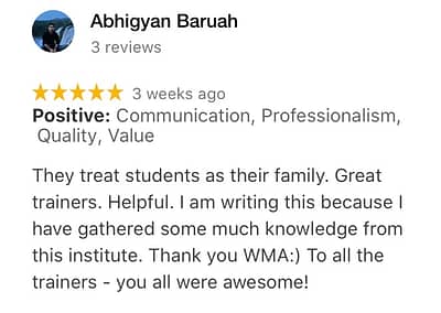 WMA Students Reviews. Rated 5/5 stars